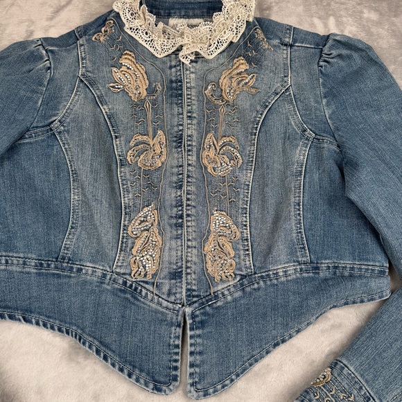 Vintage 90s Y2k Denim Jacket Womens Sz 12 Lace Fairy Whimsygoth Embroidered - Picture 2 of 13